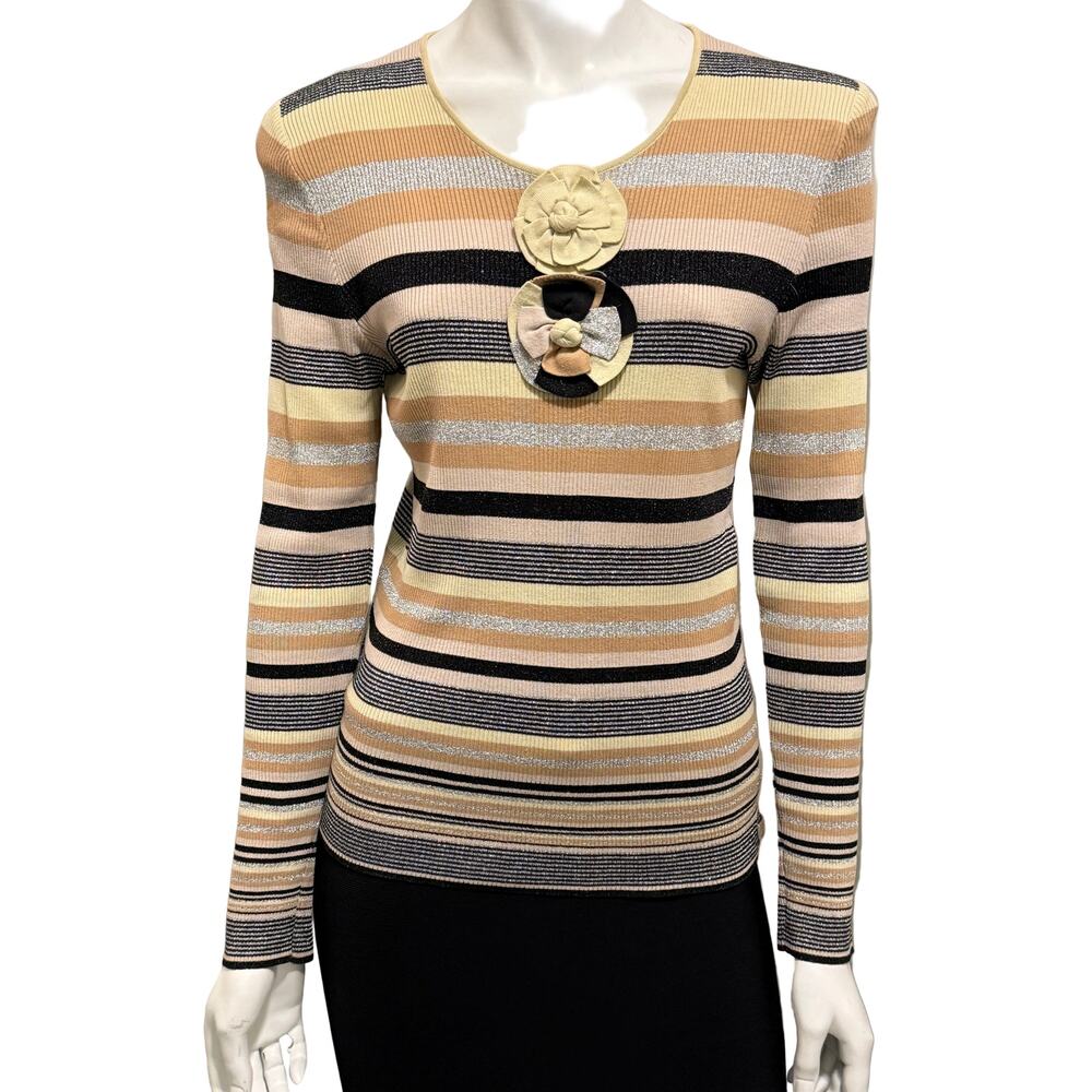 Chanel Striped Knit Top with Camellia Detail – Large